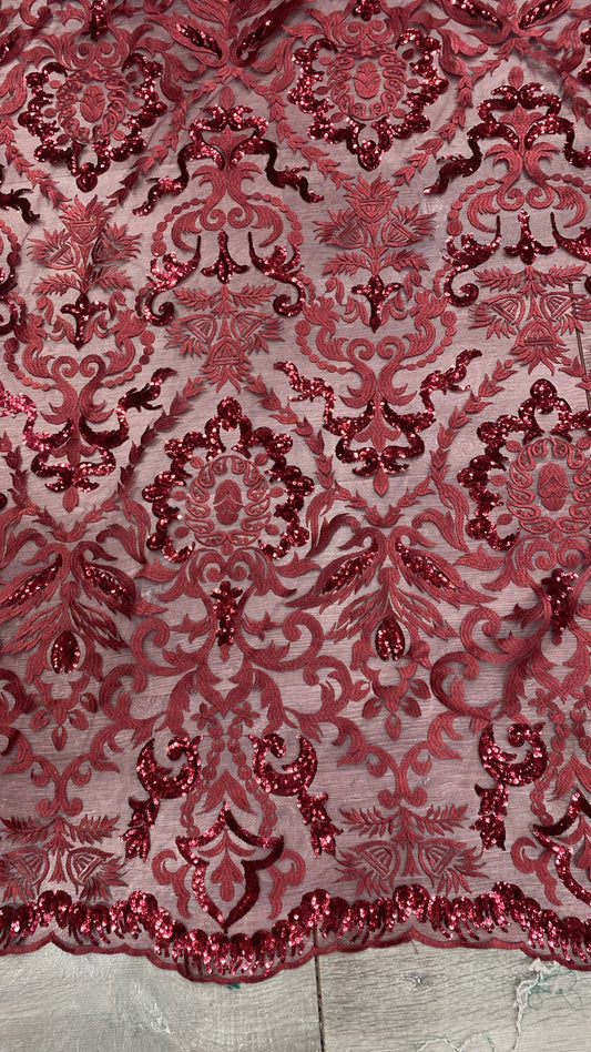 Tulle brodat accesorizat cu paiete, Model baroc,Bordeaux