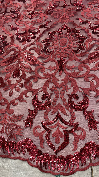 Tulle brodat accesorizat cu paiete, Model baroc,Bordeaux