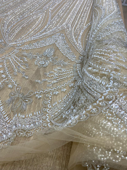 Broderie accesorizata cu paiete si margele argintie, pe suport de tulle nude - MODEL INGA