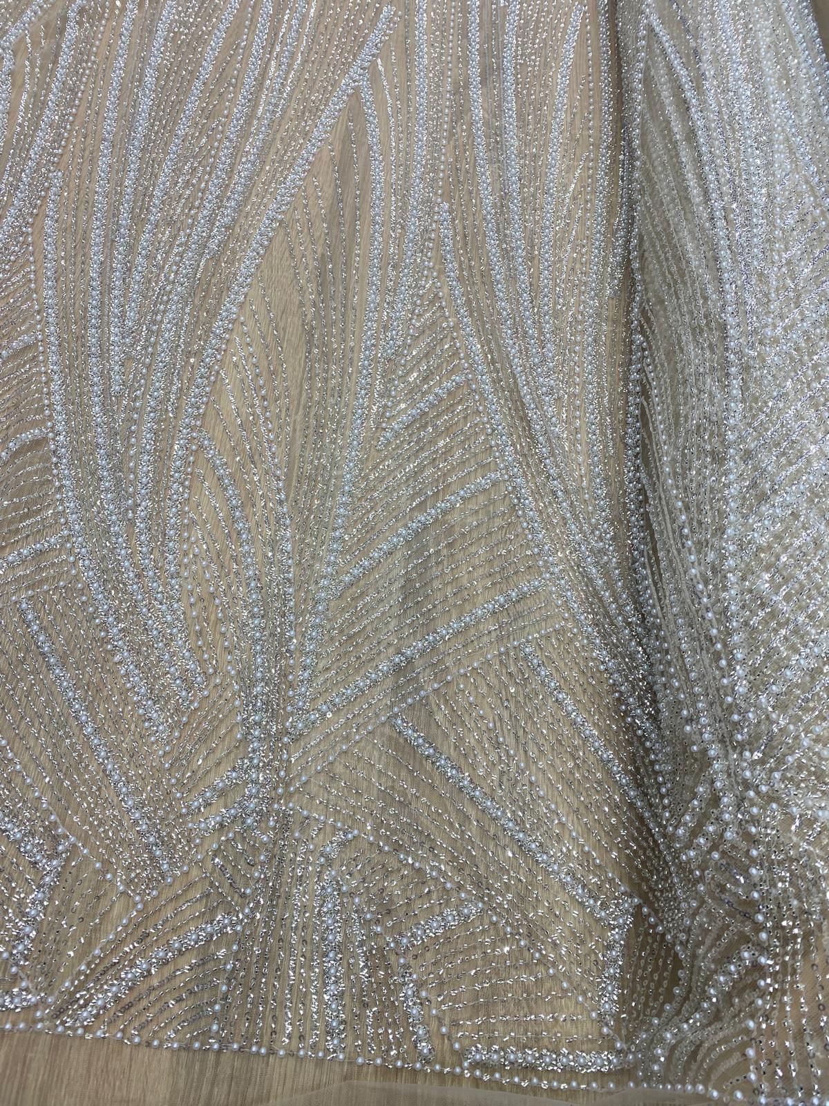 Broderie accesorizata cu paiete si margele argintie, pe suport de tulle nude - MODEL IRMA
