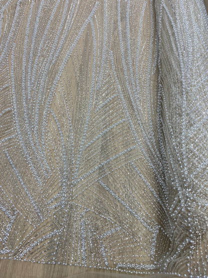 Broderie accesorizata cu paiete si margele argintie, pe suport de tulle nude - MODEL IRMA
