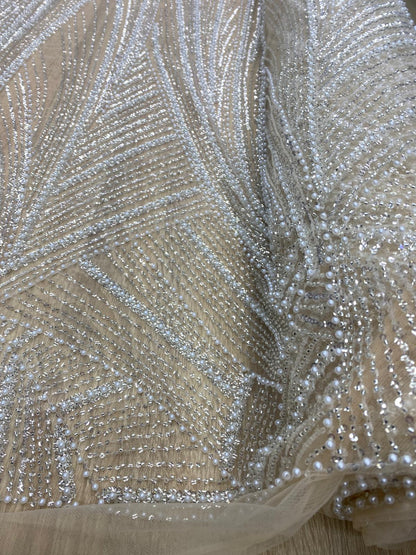 Broderie accesorizata cu paiete si margele argintie, pe suport de tulle nude - MODEL IRMA