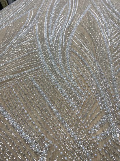 Broderie accesorizata cu paiete si margele argintie, pe suport de tulle nude - MODEL IRMA