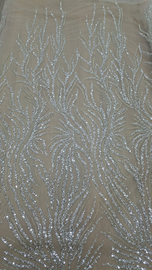 Broderie argintie accesorizata cu paiete si margele pe tulle nude - MODEL ISELIN