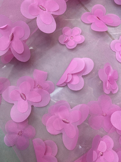 Tulle accesorizat cu flori 3D , Roz Bombon