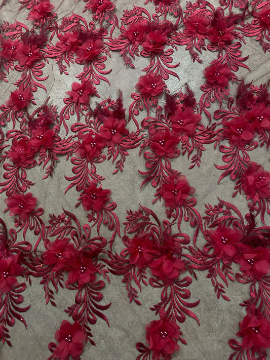 Broderie accesorizata cu flori 3D, Bordeaux - MODEL ANYA