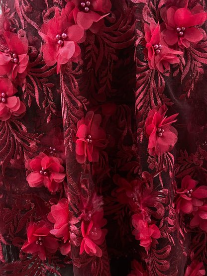 Broderie accesorizata cu flori 3D, Bordeaux - MODEL ANYA