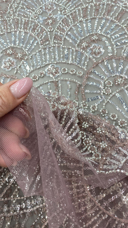 Broderie argintie , accesorizata cu paiete si margele, pe suport de tulle roz - MODEL DENY