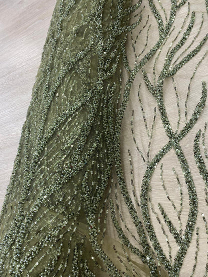 Broderie accesorizata cu paiete si margele, Verde Olive - MODEL BEAUTY