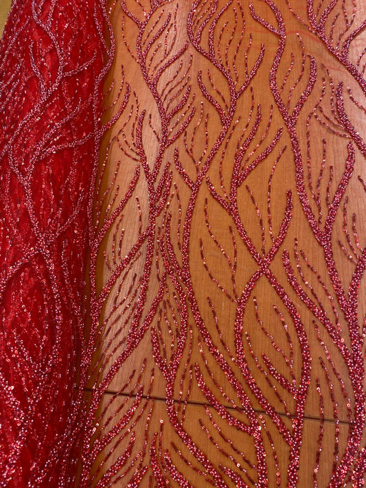 Broderie accesorizata cu paiete si margele, Rosu - MODEL BEAUTY