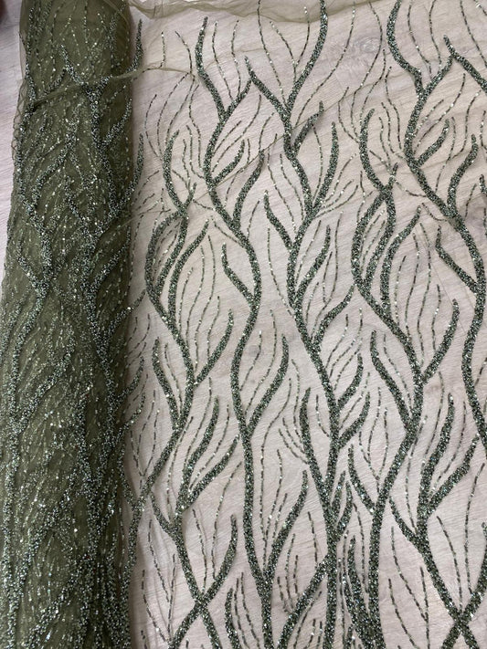 Broderie accesorizata cu paiete si margele, Verde Olive - MODEL BEAUTY