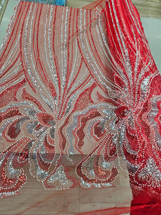 Broderie accesorizata cu margele, paiete si margele tubulare , Rosu - MODEL TASHA