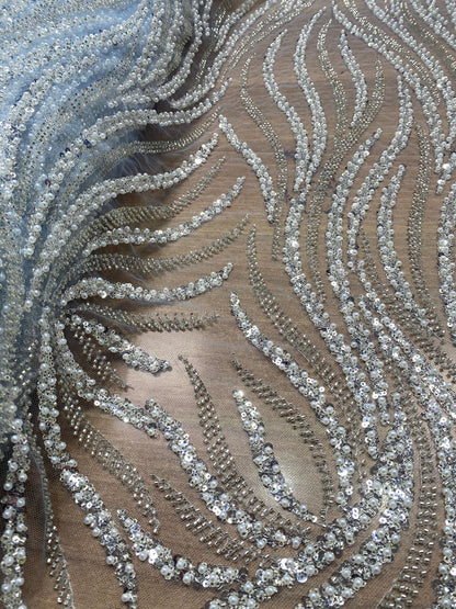 Broderie accesorizată cu paiete si mărgele, Bleu, Model AVA