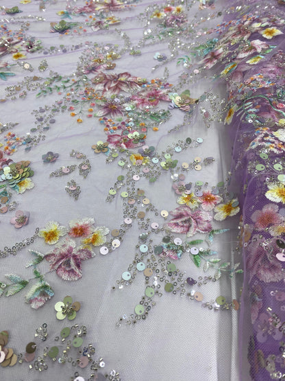 Broderie premium accesorizata Flori 3D, design multicolor, Tulle Mov, Model FAVI