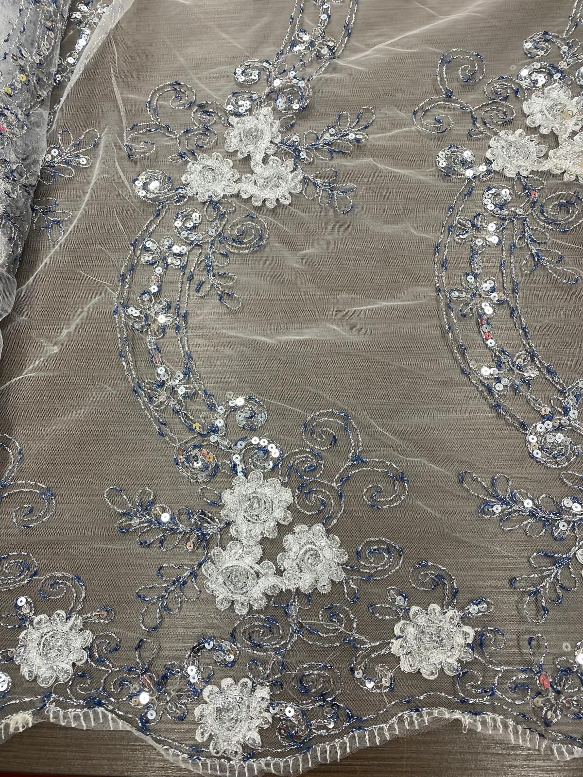 Broderie pe Tulle of White cu paiete si fir lame argintiu si albastru, model 3D