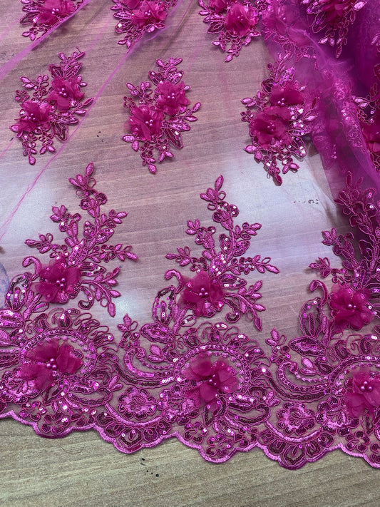 Tulle Accesorizat cu flori 3D, culoare Magenta, Model IZA