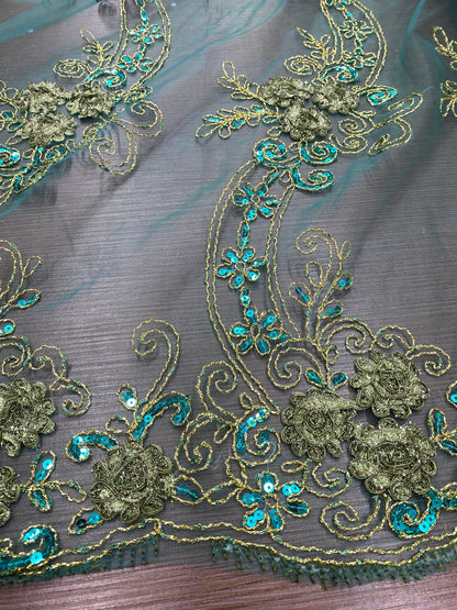Broderie pe tulle Turqoise cu paiete fir lame, model 3D
