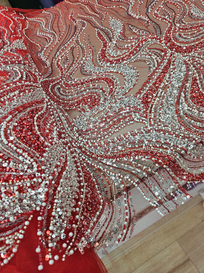 Broderie accesorizata cu margele, paiete si margele tubulare , Rosu -MODEL ERIKA