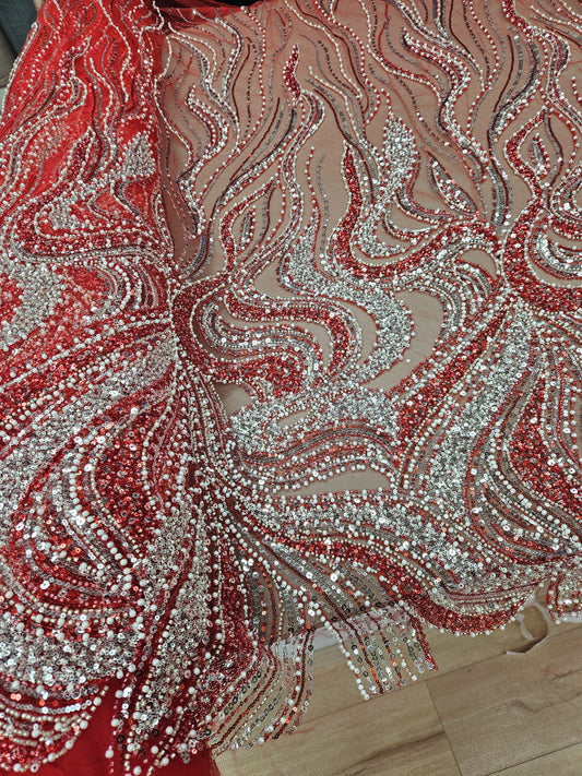 Broderie accesorizata cu margele, paiete si margele tubulare , Rosu -MODEL ERIKA