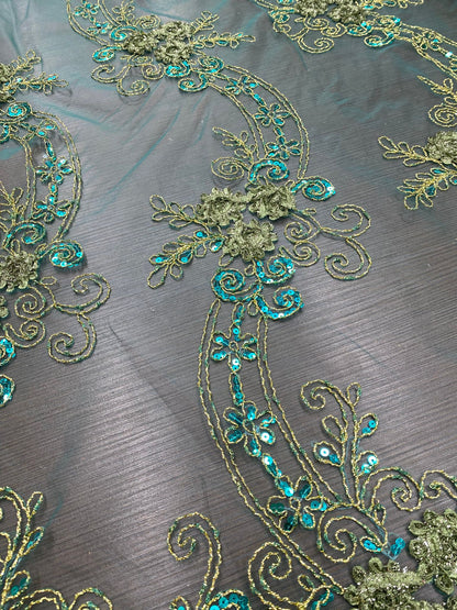 Broderie pe tulle Turqoise cu paiete fir lame, model 3D