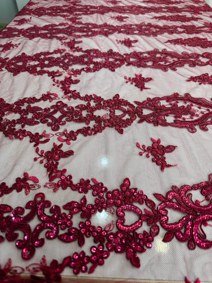 Tulle brodat, accesorizat cu paiete, Magenta