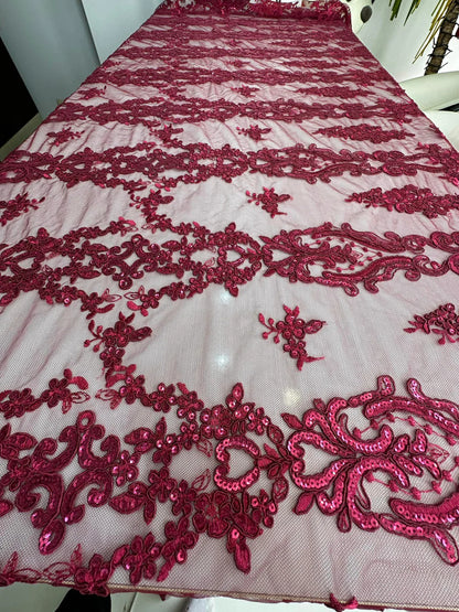 Tulle brodat, accesorizat cu paiete, Magenta