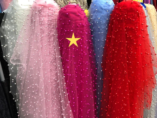 Tulle accesorizat, plin cu perle, Roz Fuxia