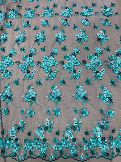 Broderie accesorizata cu flori , Turqoise - MODEL IRENE