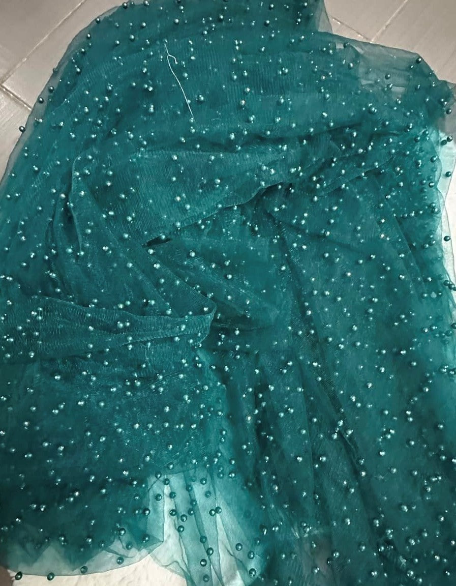 Tulle accesorizat, plin cu perle, Verde-inchis