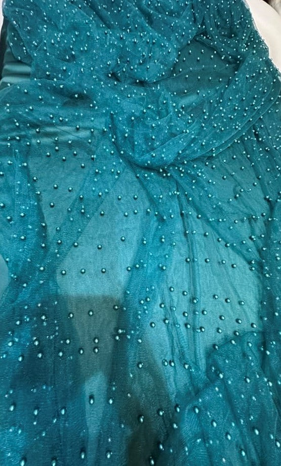 Tulle accesorizat, plin cu perle, Verde-inchis