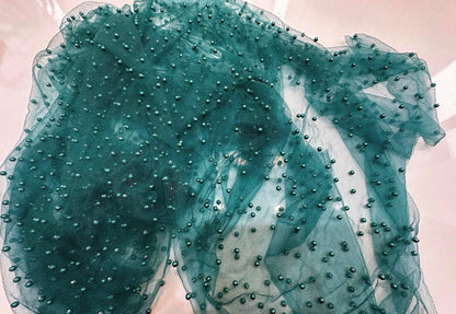 Tulle accesorizat, plin cu perle, Verde-inchis